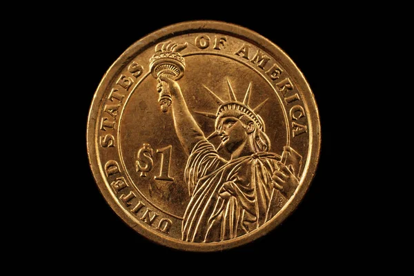 Супер Макро Образ Золотих Американський Один Долар Монета Ізольовані Чорному — стокове фото