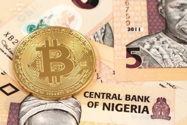 Nijeryalı Naira notları ile fiziksel bir bitcoin görüntüsünü yakından