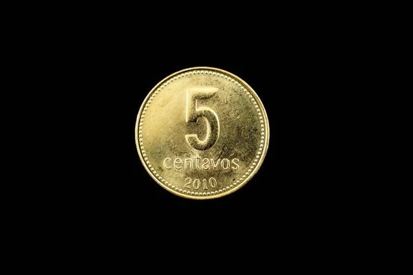 Super Macro Image Gold Argentinian Five Centavo Coin Isolated Black — Stock Photo, Image