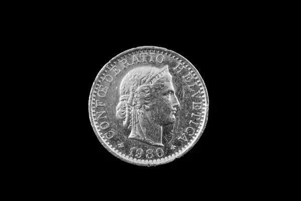 Makro Bild Schweizisk Centimes Mynt Isolerad Svart Bakgrund — Stockfoto