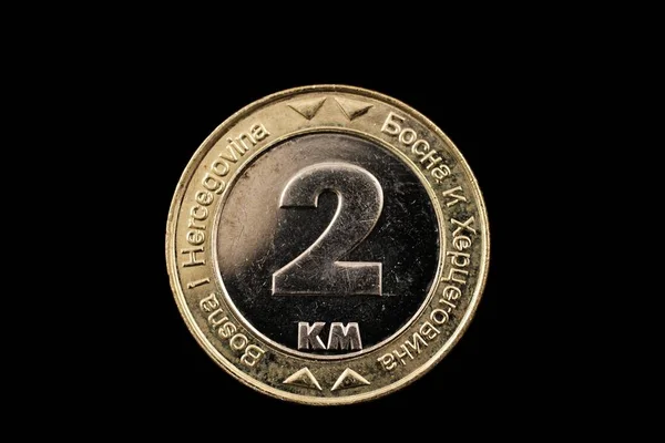 Makro Snímek Mince Konvertibilní Marka Bosenské Izolované Černém Pozadí — Stock fotografie