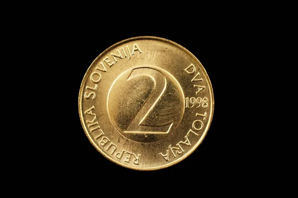Макрос Зображення Словенська Два Tolar Монети Ізольовані Чорному Тлі — стокове фото