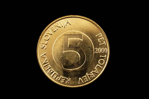 Makro Obraz Tolar Słoweński Pięć Monety Białym Czarnym Tle — Zdjęcie stockowe