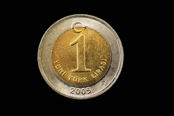 Macro Image Bimetallic Turkish Lira Coin Isolated Black Background — Stock Photo, Image