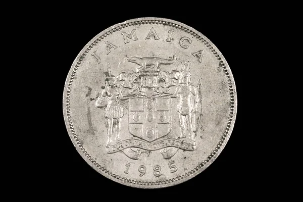 Närbild Makro Bild Gammal Jamaicanska Tjugofem Cent Mynt Isolerad Svart — Stockfoto