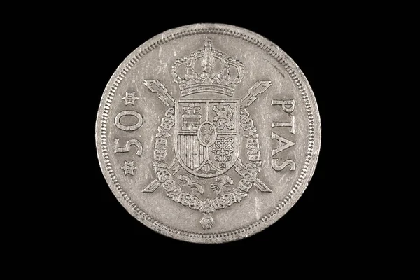 Una Antigua Moneda Española Cincuenta Pesetas Con Rey Juan Carlos —  Fotos de Stock