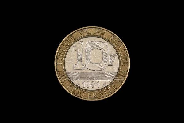 Old Bimettalic Ten French Franc Coin Shot Close Macro Black — Stock Photo, Image