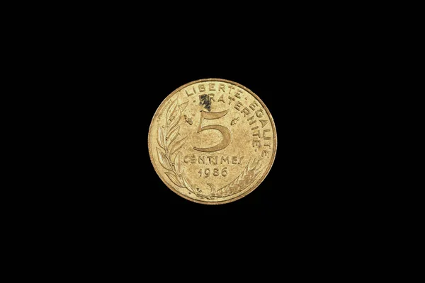 Una Vieja Moneda Cinco Céntimos Franceses Disparada Cerca Macro Sobre —  Fotos de Stock