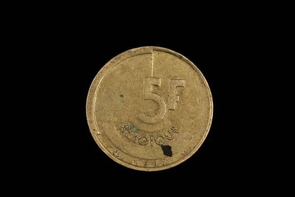 Old Gold Five Belgian Franc Coin Shot Close Macro Agianst — Stockfoto