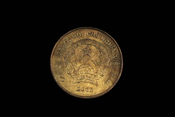 Old Golden Coin Vietnam Shot Close Macro Solid Black Background — Stockfoto