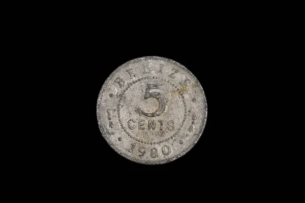 Крупный План Серебряной Пятицентовой Монеты Белиза Снятой Макро Изолированной Черном — стоковое фото