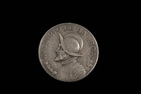 Close Image One Quarter Balboa Coin Panama Isolated Black Background — Stock Photo, Image