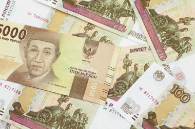 Bir portakal, beş bin Endonezya rupia banknotu içinde Rusça yüz ruble banknot, makroyla kaplanmış.