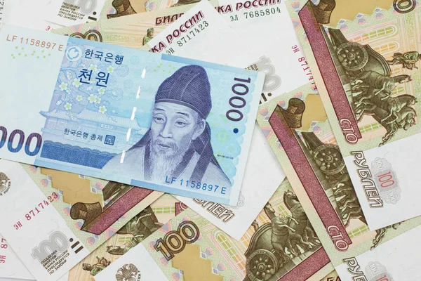 Niebieski Korea Południowa Tysiąc Wonów Banknot Zbliżenie Makro Tle Rosyjskich — Zdjęcie stockowe