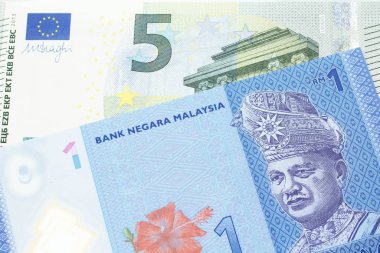 Avrupa Merkez Bankası 'ndan 5 Euro' luk banknotla birlikte makroda bir halka şeklinde mavi bir Malezya banknotu.