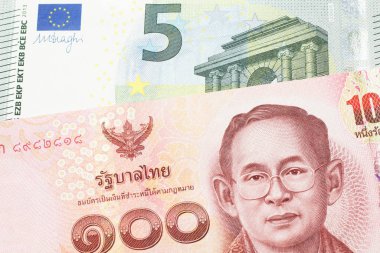 Kırmızı yüz Tayland bahtı ve Avrupa Birliği Avro Bölgesi 'nden gelen beş avroluk banknot.
