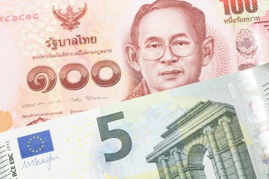 Kırmızı yüz Tayland bahtı ve Avrupa Birliği Avro Bölgesi 'nden gelen beş avroluk banknot.