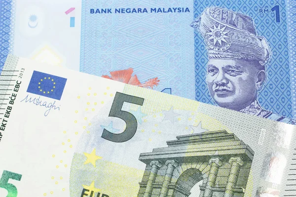 Blå Ringgit Malaysisk Sedel Nära Makro Med Femeurosedel Från Europeiska — Stockfoto