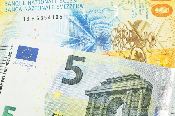 Billet Jaune Dix Francs Suisses Avec Billet Cinq Euros Banque — Photo
