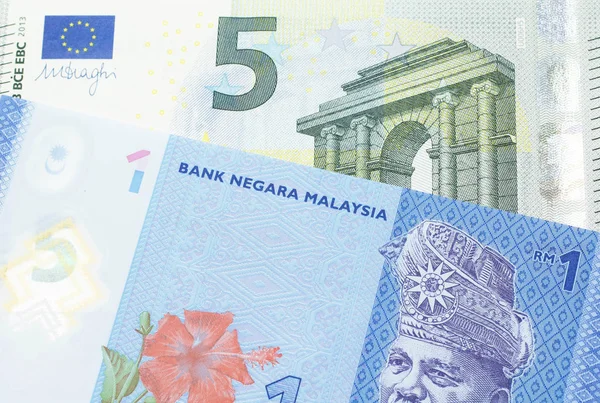 Billete Azul Malayo Ringgit Cierra Macro Con Billete Cinco Euros — Foto de Stock