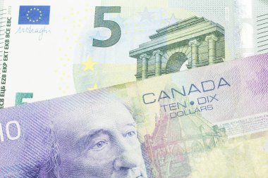 Mor, on Kanada Doları 'nın beş avroluk banknotunun yakın plan makro çekimi.
