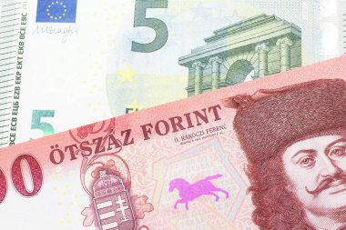 Kırmızı, yüz Macar forint banknotunun yakın plan görüntüsü. Kapanışı, Almanya 'dan makroda mavi ve yeşil beş avroluk banknotla yapılmış.