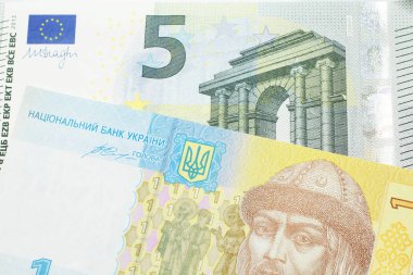 Avrupa 'nın beş avroluk yakın plan görüntüsü. Sarı ve mavi Ukraynalı. Ukraynalı bir Hryvnia banknotu makroda kapanıyor.