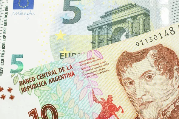 Billete Diez Pesos Argentina Primer Plano Macro Con Billete Rojo — Foto de Stock