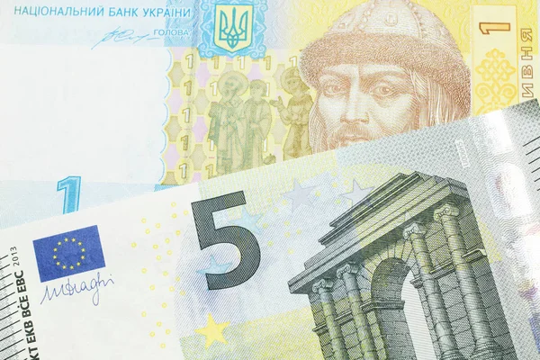 Närbild Europeisk Fem Euro Sedel Med Gul Och Blå Ukrainska — Stockfoto