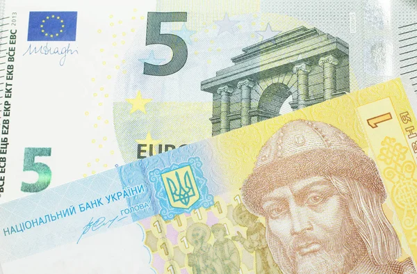 Närbild Europeisk Fem Euro Sedel Med Gul Och Blå Ukrainska — Stockfoto