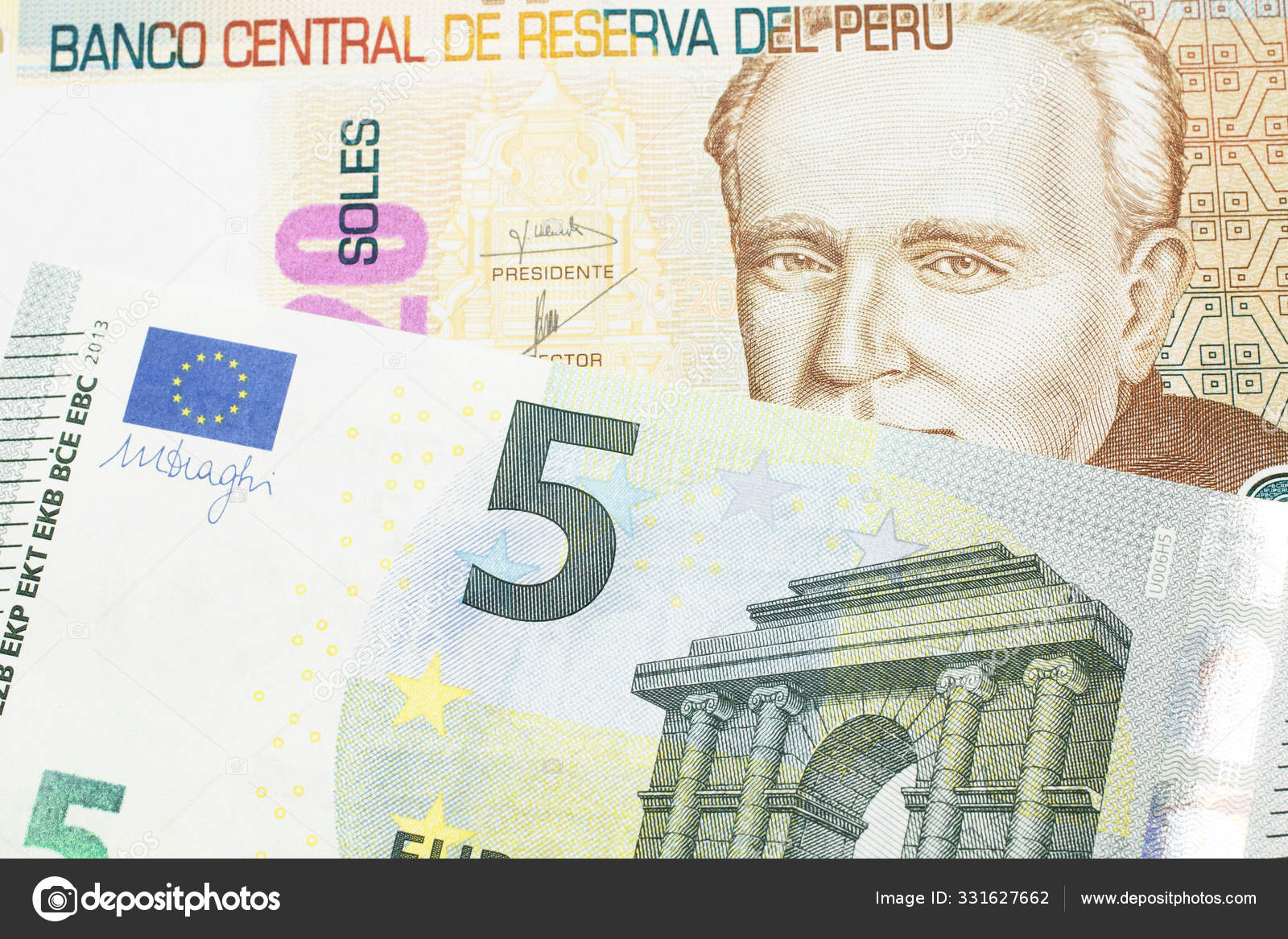 A pastel colored, twenty Peruvian sol bank note, close up in macro with a red, European five euro bill 9 A pastel colored, twenty Peruvian sol bank note, close up in macro with a red, European five euro bill 9