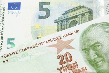 Kırmızı, sarı ve yeşil bir Türk banknotunun yakın plan görüntüsü, makroda beş avroluk Alman banknotuyla birlikte yirmi Türk lirası.