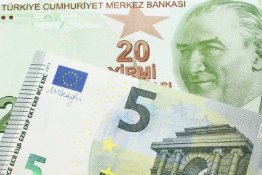 Kırmızı, sarı ve yeşil bir Türk banknotunun yakın plan görüntüsü, makroda beş avroluk Alman banknotuyla birlikte yirmi Türk lirası.