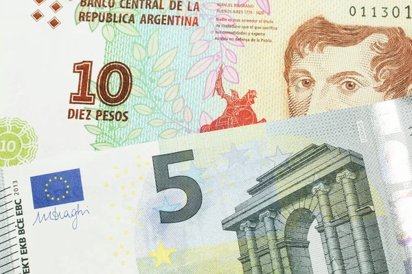 Egy Tíz Peso Számla Argentínából Makróban Egy Piros Eurós Európai — Stock Fotó