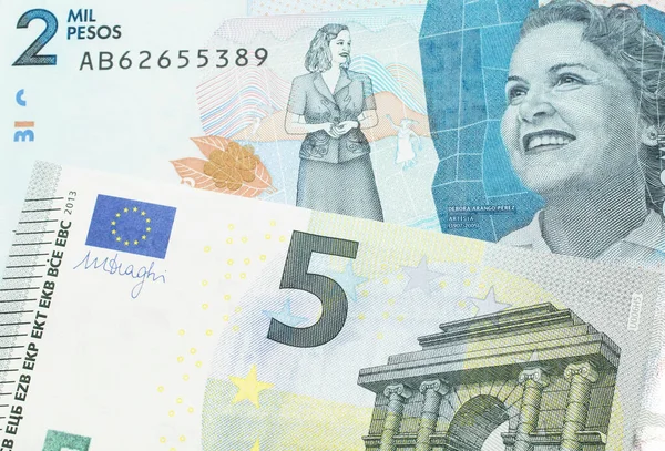 Синяя Зеленая Европейская Банкнота Пять Евро Синей Банкнотой Две Тысячи — стоковое фото