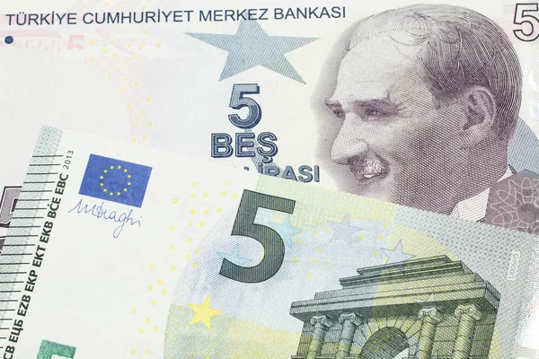 Close Image Purple Five Turkish Lira Bank Note German Five — Stock Photo, Image