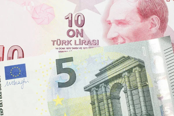 Red Ten Turkish Lira Bill Close Macro Red European Five — Stock Photo, Image