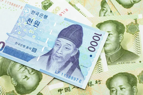 Niebieski Korea Południowa Tysiąc Wonów Banknot Zbliżenie Makro Tle Chiński — Zdjęcie stockowe