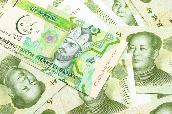 Jedna Manátová Bankovka Turkmenistánu Zblízka Makru Sortimentem Čínských Jednojuanových Bankovek — Stock fotografie