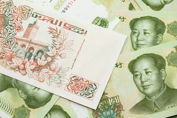 Makro Obraz Béžové Dvě Stě Alžírských Dinárních Bankovek Pozadí Čínských — Stock fotografie