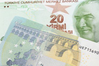 Kırmızı, sarı ve yeşil bir Türk banknotunun yakın plan görüntüsü, makroda beş avroluk Alman banknotuyla birlikte yirmi Türk lirası.