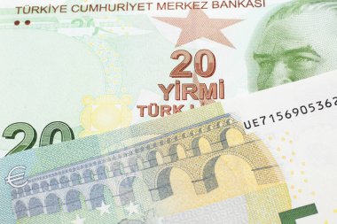 Kırmızı, sarı ve yeşil bir Türk banknotunun yakın plan görüntüsü, makroda beş avroluk Alman banknotuyla birlikte yirmi Türk lirası.