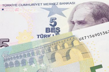 Mor bir Türk lira banknotunun yakın plan resmi ve makroda beş avroluk Alman banknotu.
