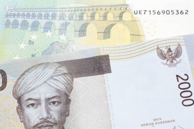 Gri iki bin Endonezya rupia banknotu ve beş euro. 