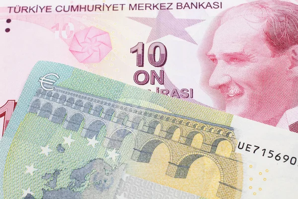 Een Rode Tien Turkse Lire Biljet Close Macro Met Een — Stockfoto