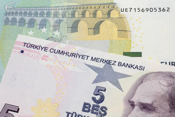 Close Image Purple Five Turkish Lira Bank Note German Five — Stock Photo, Image