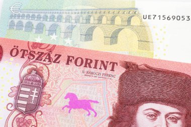 Kırmızı, yüz Macar forint banknotunun yakın plan görüntüsü. Kapanışı, Almanya 'dan makroda mavi ve yeşil beş avroluk banknotla yapılmış.