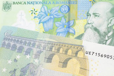 Avrupa 'nın makro banknotlarından mavi ve yeşil beş avroluk bir Romen leu banknotunun yakın plan görüntüsü