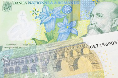 Avrupa 'nın makro banknotlarından mavi ve yeşil beş avroluk bir Romen leu banknotunun yakın plan görüntüsü