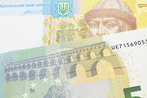 Närbild Europeisk Fem Euro Sedel Med Gul Och Blå Ukrainska — Stockfoto